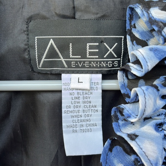 Alex Evenings •Blue/Black Floral, 3/4 Sleeve,Collared Evening Blouse SzLG - Picture 11 of 13